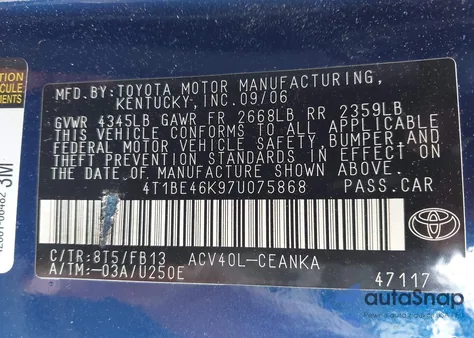 2007 Toyota Camry Le from USA, damaged, VIN 4T1BE46K97U075868